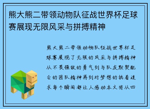 熊大熊二带领动物队征战世界杯足球赛展现无限风采与拼搏精神